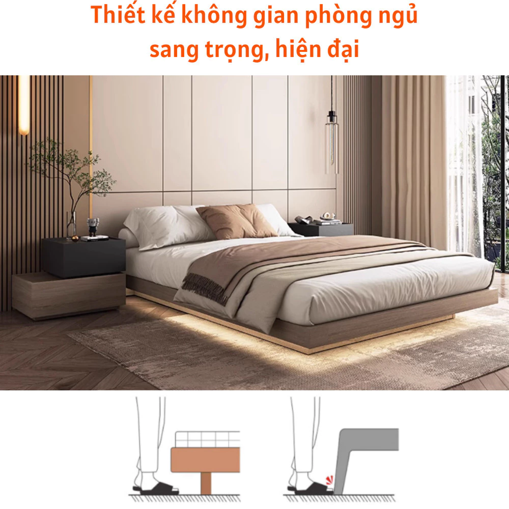 Giường Ngủ Gỗ Thiết Kế Hiện Đại Kết Hợp Đèn Led- HH203 - Ảnh 2