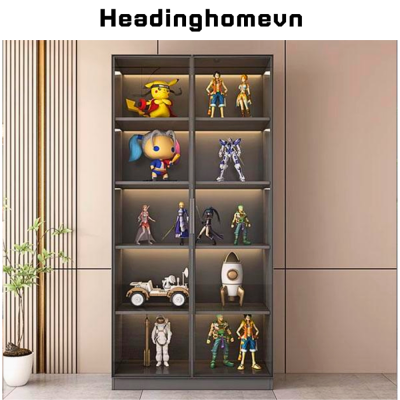 Tủ kệ trưng bày lego, mô hình cao cấp bằng gỗ MDF, kính cường lực khung nhôm kết hợp đèn led HH323