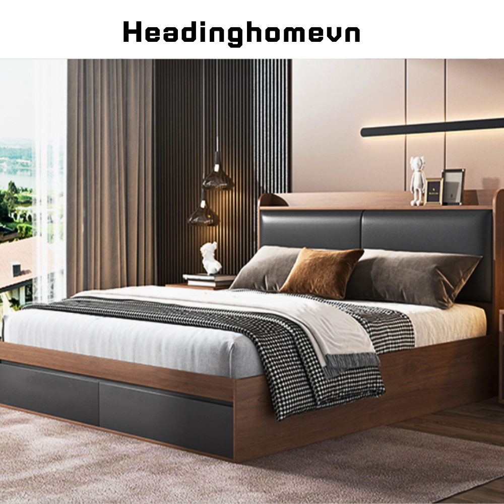 Giường ngủ gỗ công nghiệp phong cách hiện đại có ngăn kéo, đầu giường bọc đệm - HH226