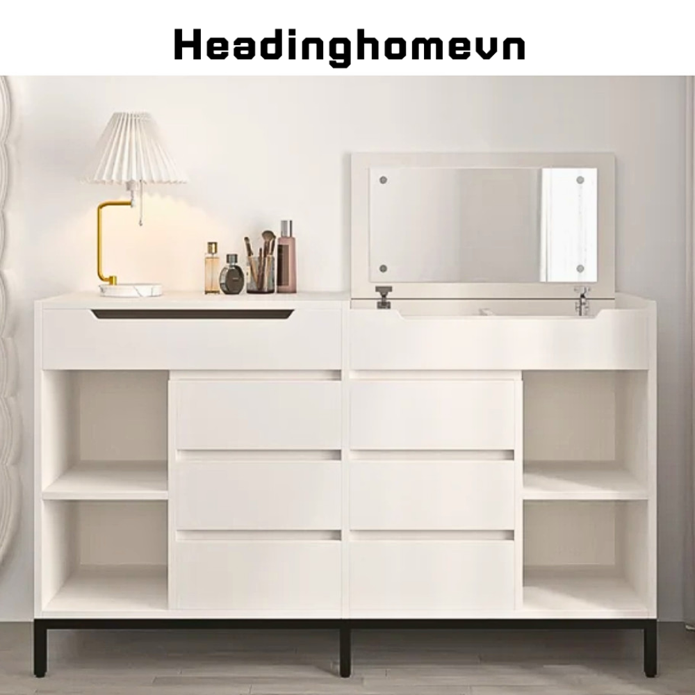 Tủ Để Đồ Rộng 6 Ngăn Kéo Màu Trắng Hiện Đại Có Gương Kết Hợp - HH703