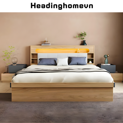 Giường ngủ bằng gỗ công nghiệp MDF cao cấp, đầu giường có đèn led - HH229