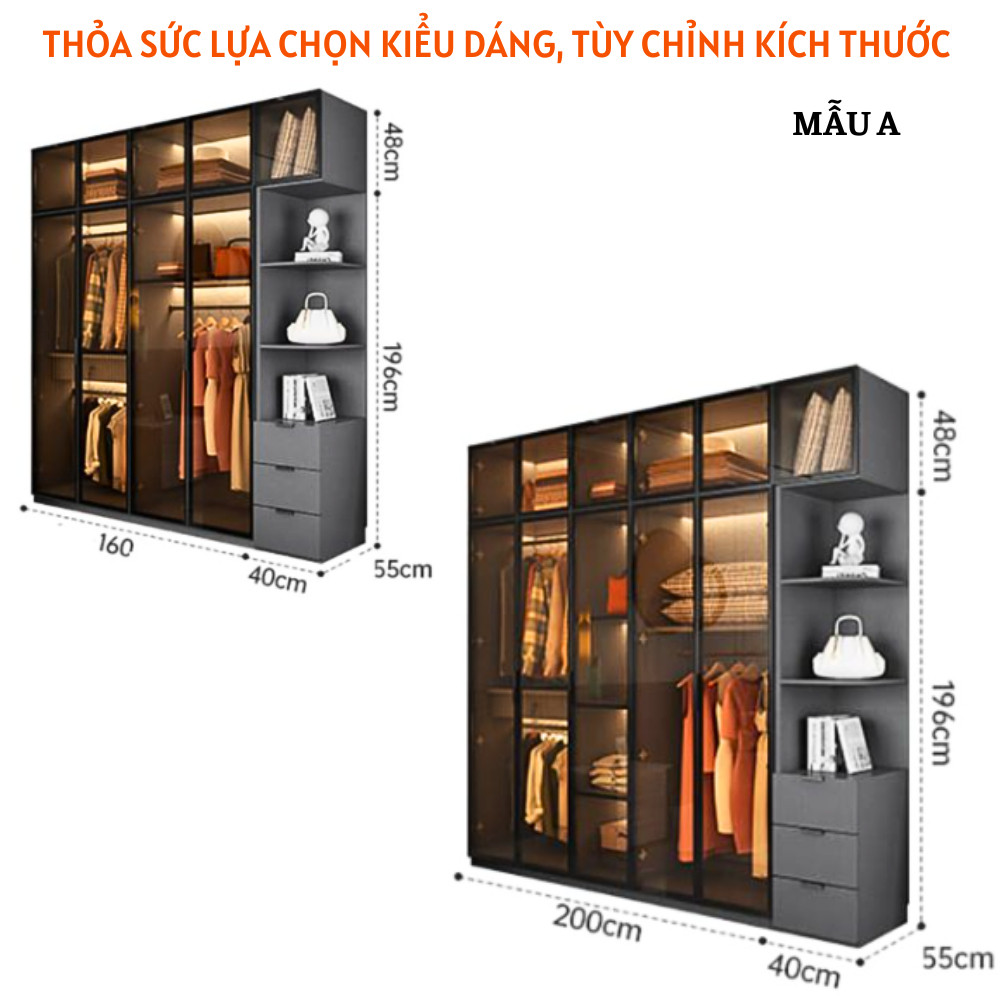 Tủ quần áo cánh kính cường lực, khung nhôm xingfa thiết kế đẹp - HH415 - Ảnh 3