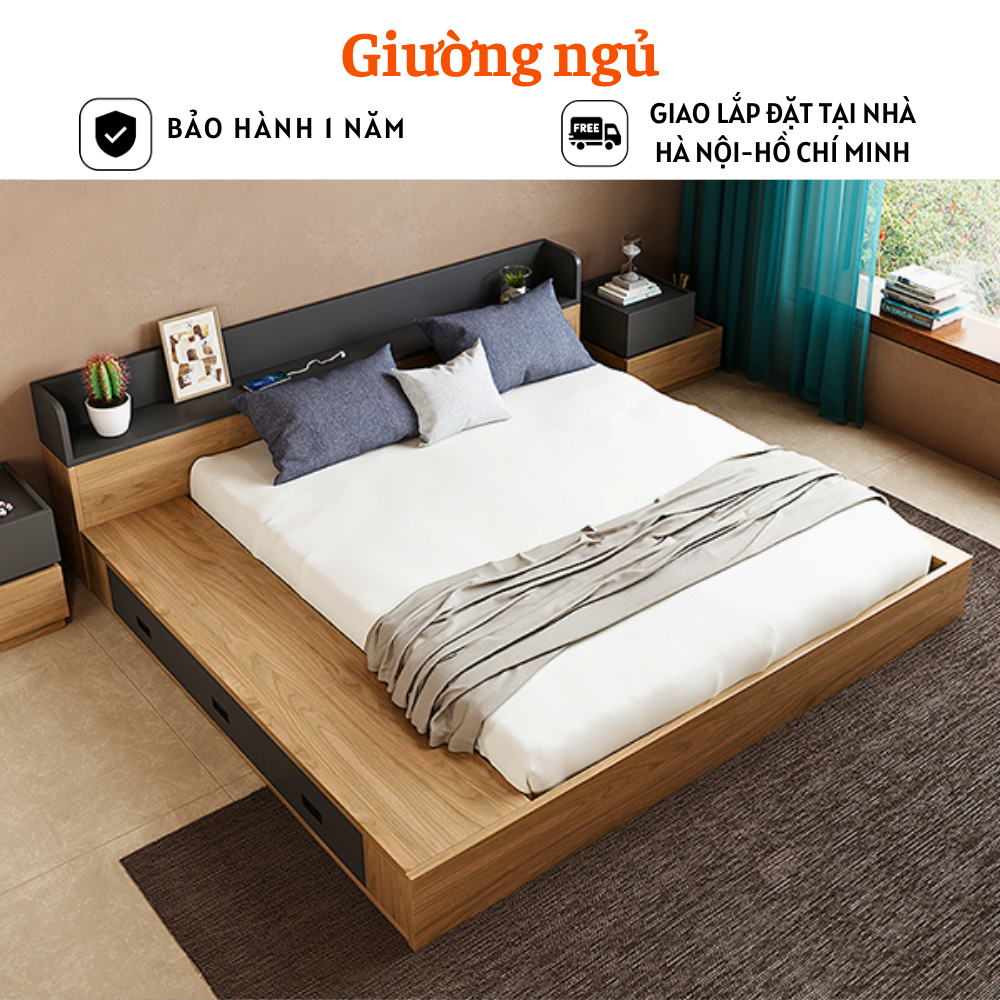 Giường ngủ bằng gỗ kiểu Nhật có ngăn kéo tiện dụng - HH228
