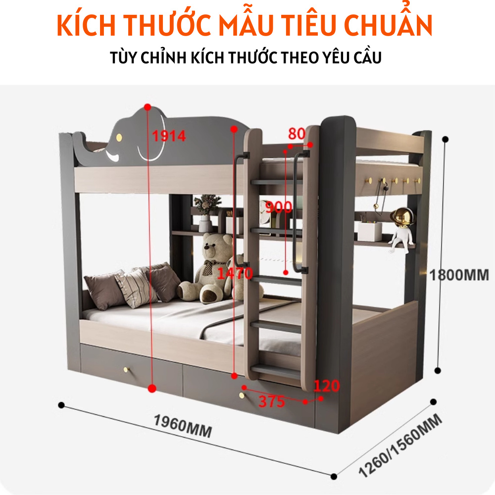 Giường tầng trẻ em họa tiết hình con voi dễ thương - HH1201 - Ảnh 4