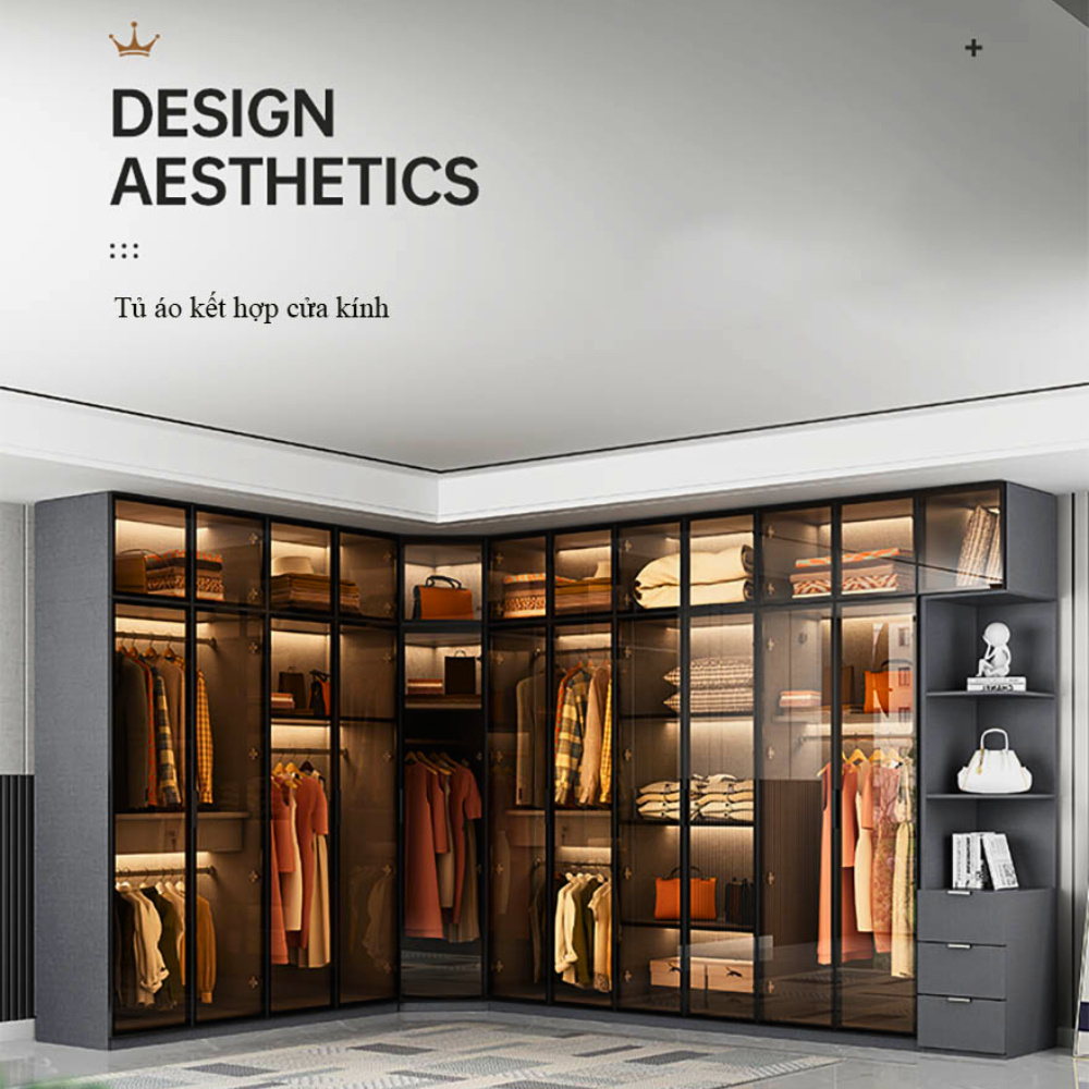 Tủ quần áo cánh kính cường lực, khung nhôm xingfa thiết kế đẹp - HH415 - Ảnh 2