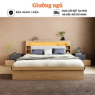 Giường ngủ bằng gỗ công nghiệp MDF cao cấp, đầu giường có đèn led - HH229
