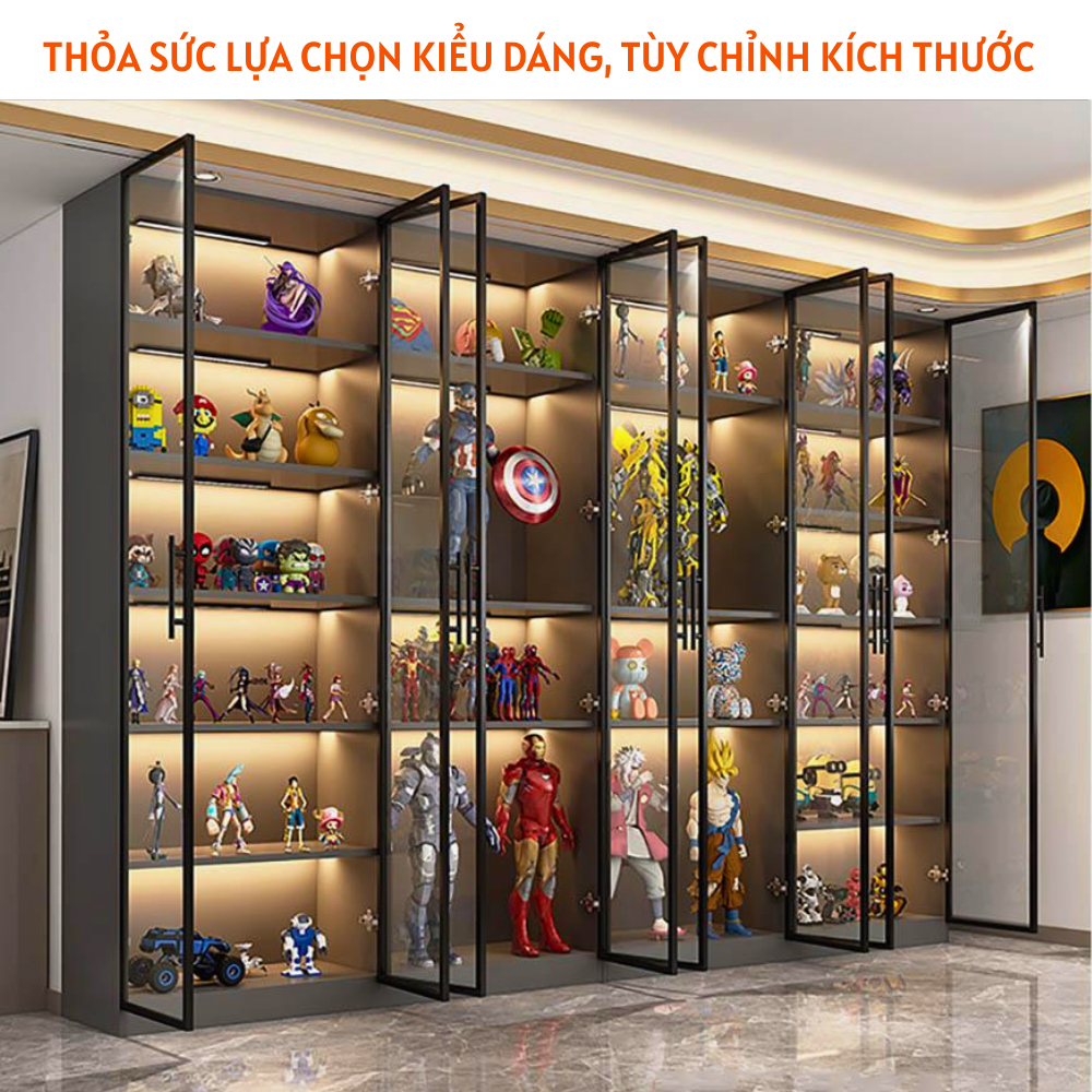 Tủ cánh kính cường lực khung nhôm trưng bày mô hình đồ chơi, sách truyện - HH319 - Ảnh 3