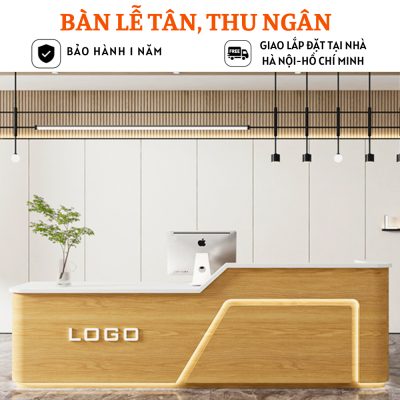 Bàn lễ tân hiện đại bằng gỗ công nghiệp bo cong mặt cạnh, kết hợp đèn led - HB223