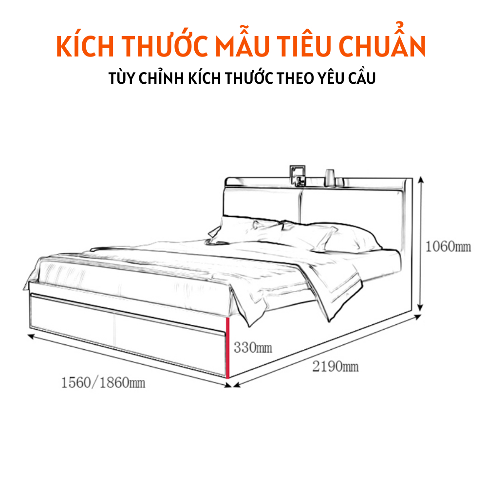 Giường ngủ gỗ công nghiệp phong cách hiện đại có ngăn kéo, đầu giường bọc đệm - HH226 - Ảnh 4