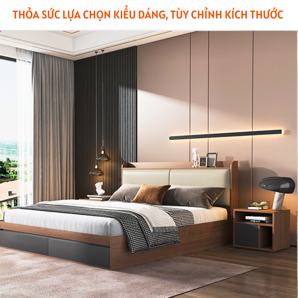 Giường ngủ gỗ công nghiệp phong cách hiện đại có ngăn kéo, đầu giường bọc đệm - HH226 - Ảnh 3