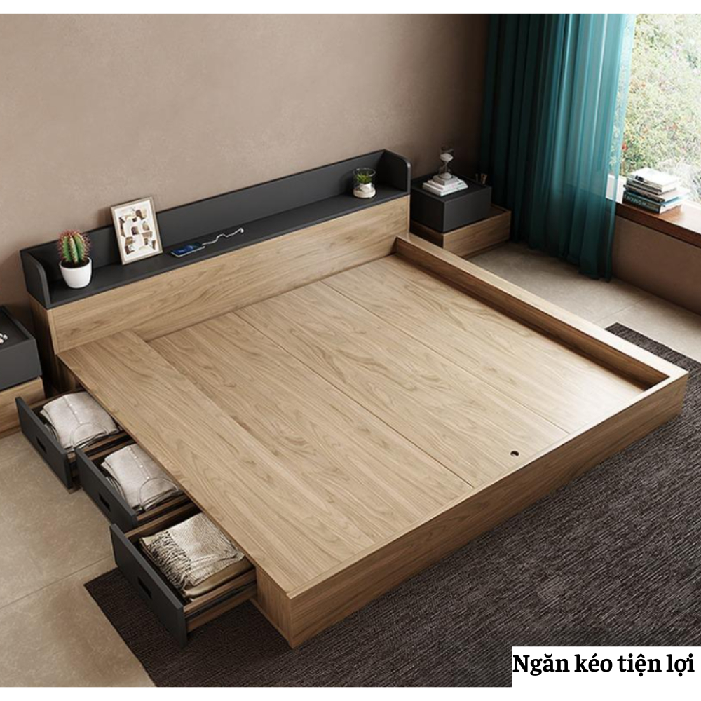 Giường ngủ bằng gỗ kiểu Nhật có ngăn kéo tiện dụng - HH228 - Ảnh 2