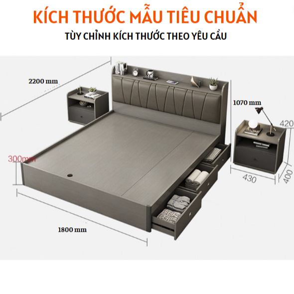 Giường Ngủ Hiện Đại Thiết Kế Đa Năng Đầu Giường Bọc Nệm - HH208 - Ảnh 4