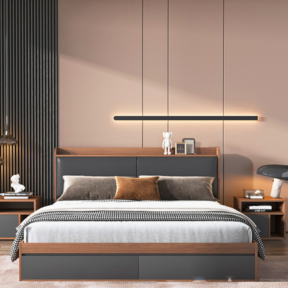 Giường ngủ gỗ công nghiệp phong cách hiện đại có ngăn kéo, đầu giường bọc đệm - HH226 - Ảnh 2