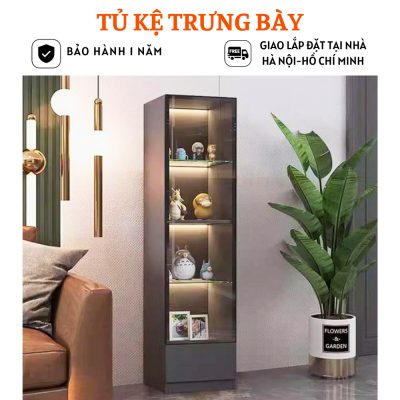 Tủ kệ trưng bày mô hình đẹp gỗ MDF, cánh kính cường lực khung nhôm kết hợp đèn led hiện đại HH321