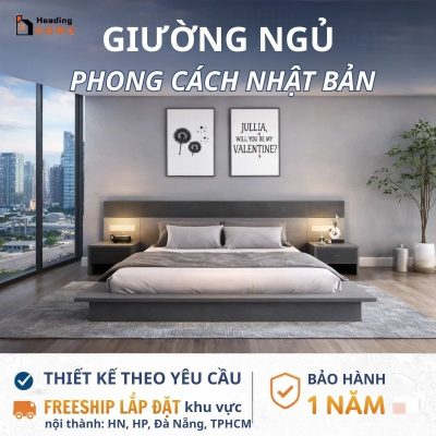 Giường Ngủ Phong Cách Nhật Bản Kèm 2 Tab Đầu Giường Hiện Đại - HH201