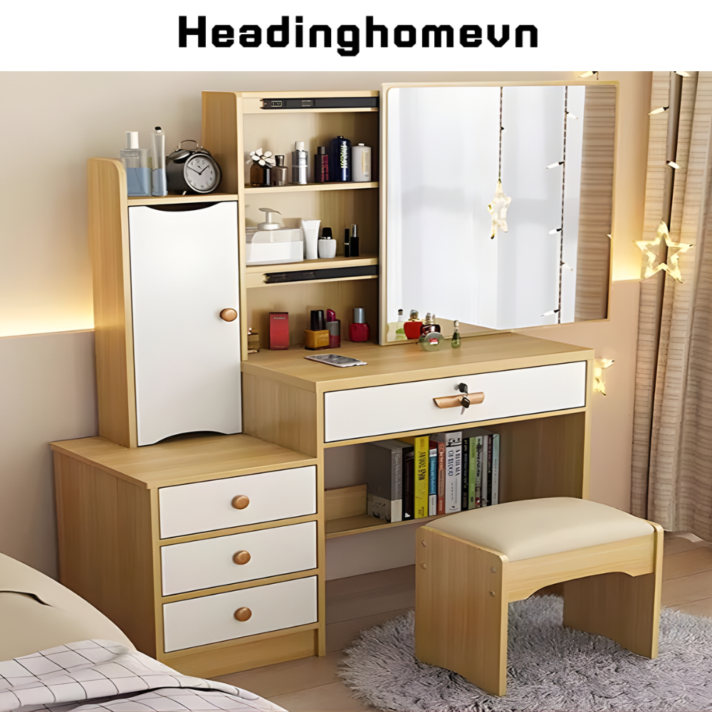 Bàn phấn gỗ MDF sang trọng phong cách mới thiết kế gương di động tiện dụng - HH1305